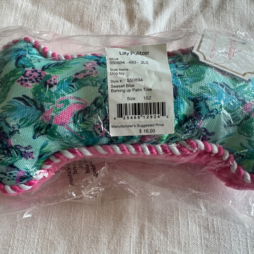 Lilly Pulitzer Plush Dog Toy Bone Shaped: 4.5 x 9, Barking Up Palm - Picture 7 of 10